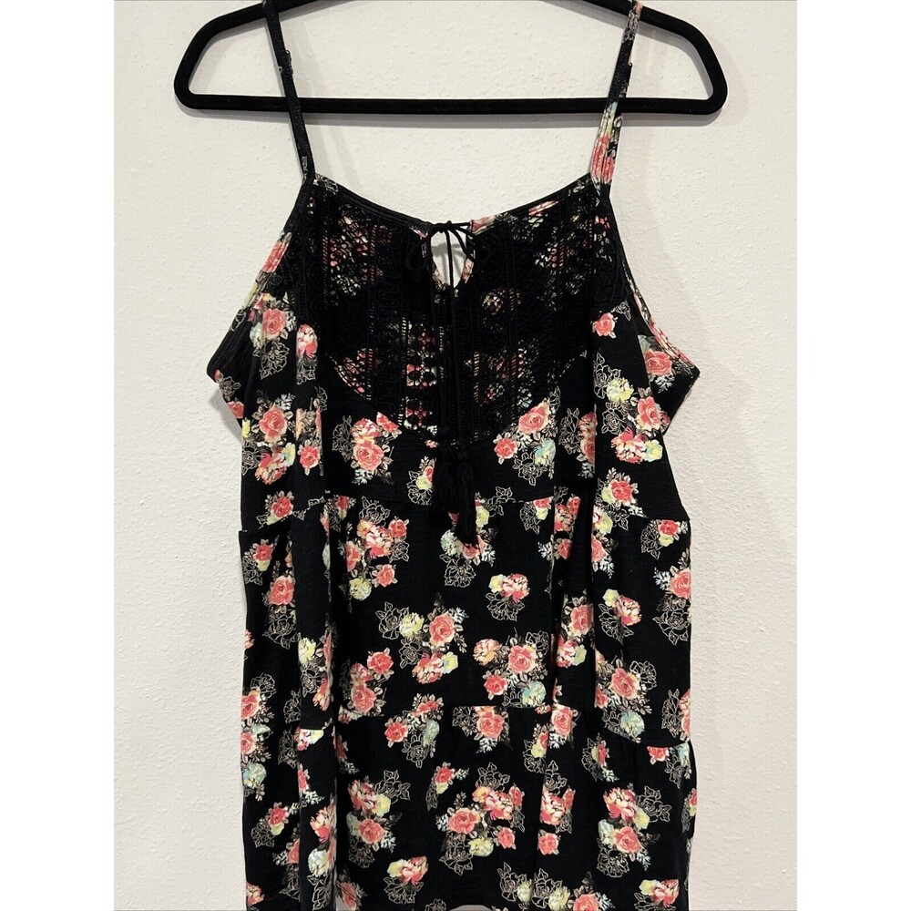 Vintage by Torrid Tank Top Plus Size 2 Black Pink Floral Babydoll Embroider Lace